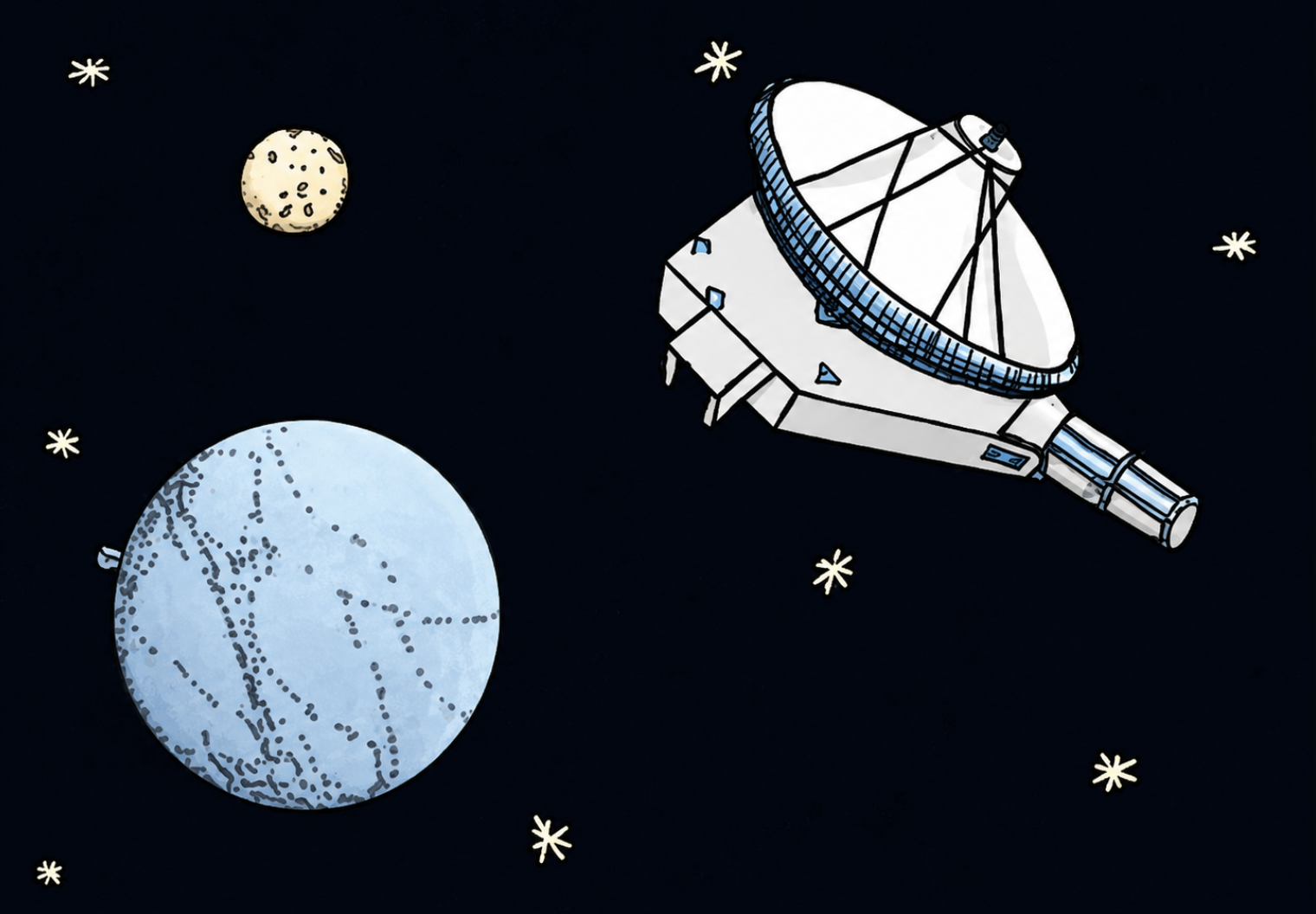 Satellit im Weltraum neben Planeten und Sternen